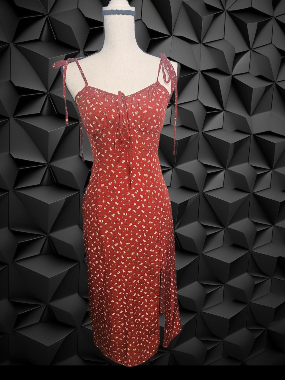 Rust Red Floral Tie-Shoulder Midi Dress